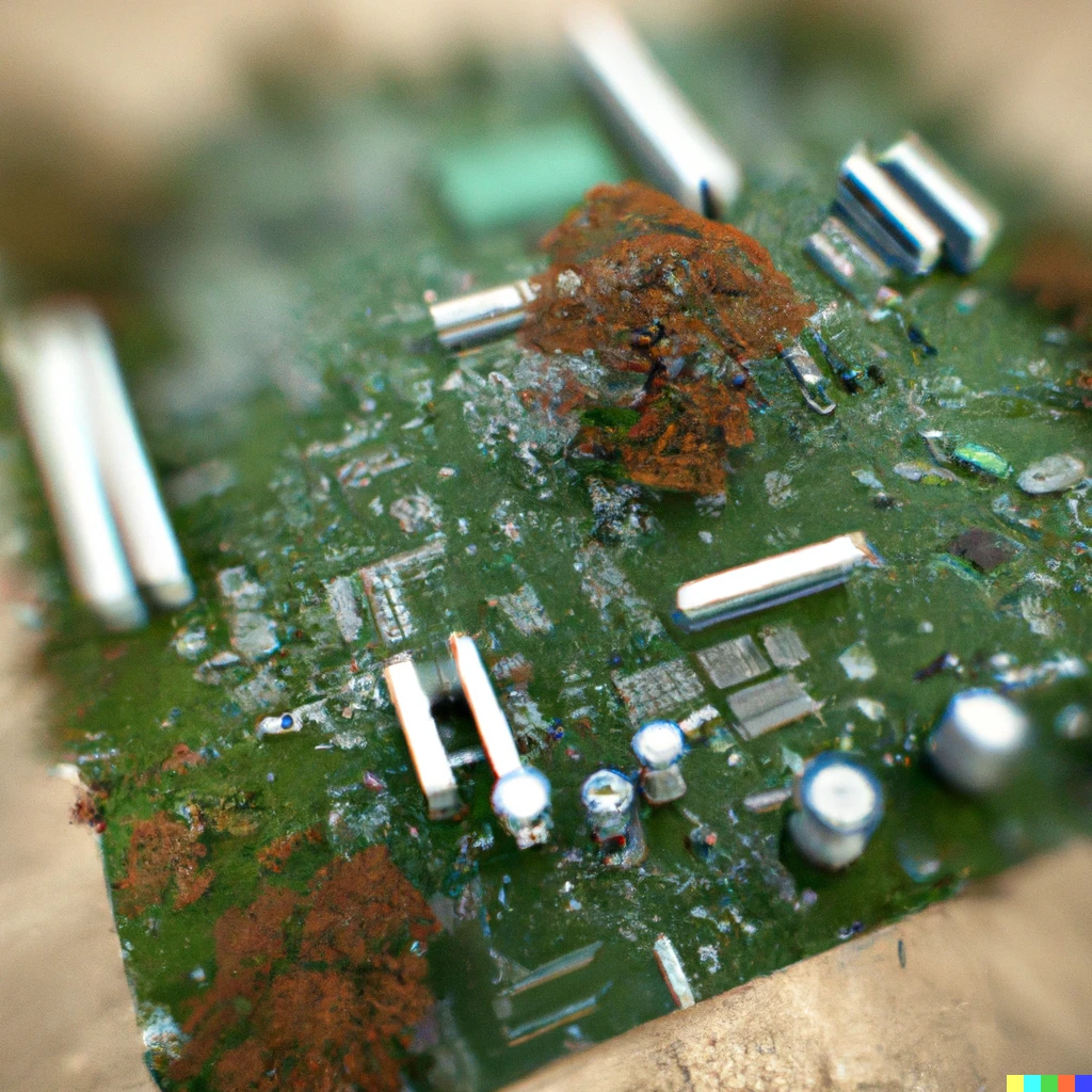 Prompt: an electronic circuitboard, with trees growing out of it, tiltshift