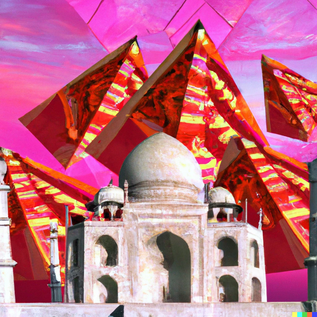 Prompt: A cubist representation of the Giza pyramids superimposed over the Taj mahal all painted pink