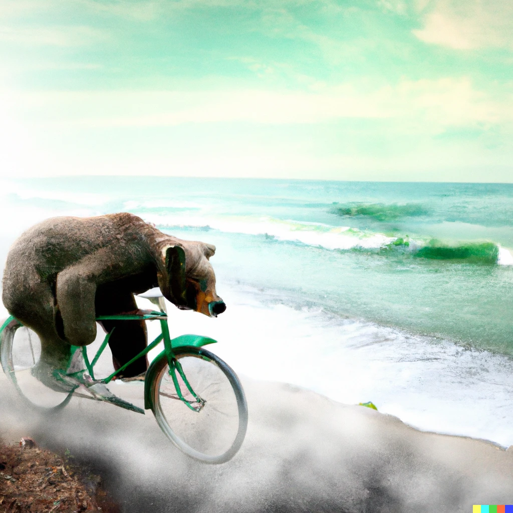 Prompt: Bear drive bicycle beside beach at surrealism style
