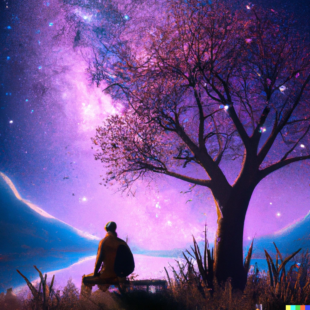 Prompt: A man star gazing galaxy under the tree, digital art