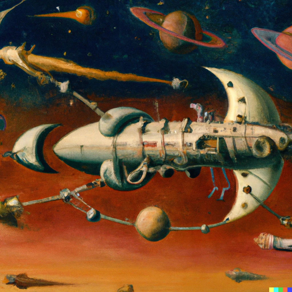 Prompt: a painting of an ancient spaceship by hieronymus bosch
