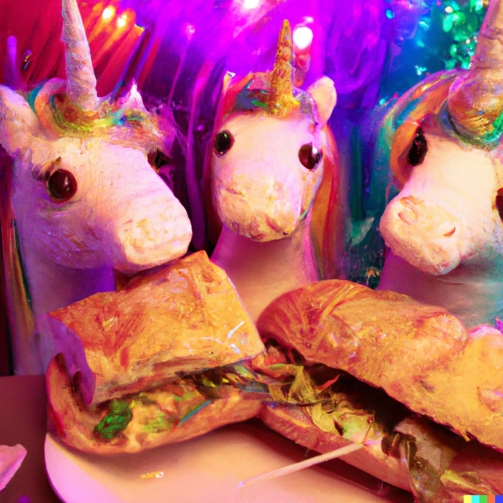 Prompt: 3 unicorns at a nightclub eating submarine sandwiches, photograph 