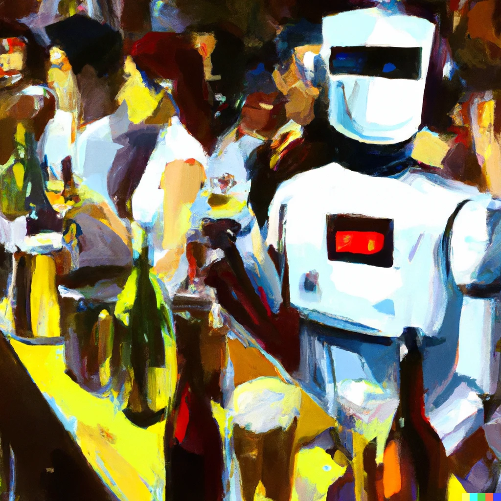 Prompt: robot bartender in crowded club serving drinks, oil painting