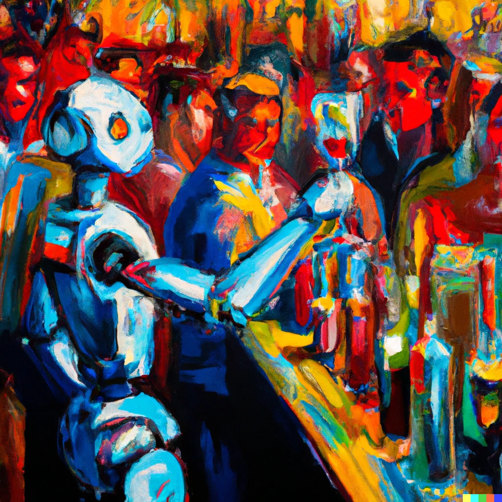 Prompt: robot bartender in crowded club serving drinks, oil painting