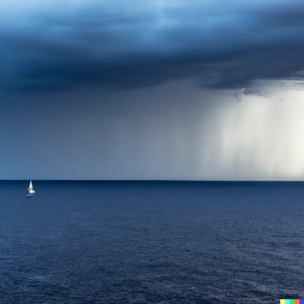 Prompt: a small single sail ship in a large ocean with a looming storm in the horizon