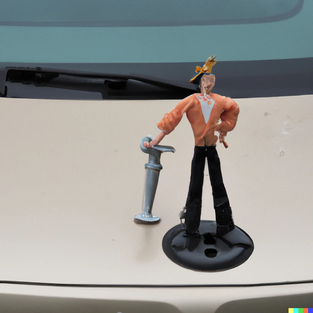 Prompt: A pirate with a wooden leg and a hook for a hand standing proudly on the hood of a 1994 tan toyota camry with a missing hub cap