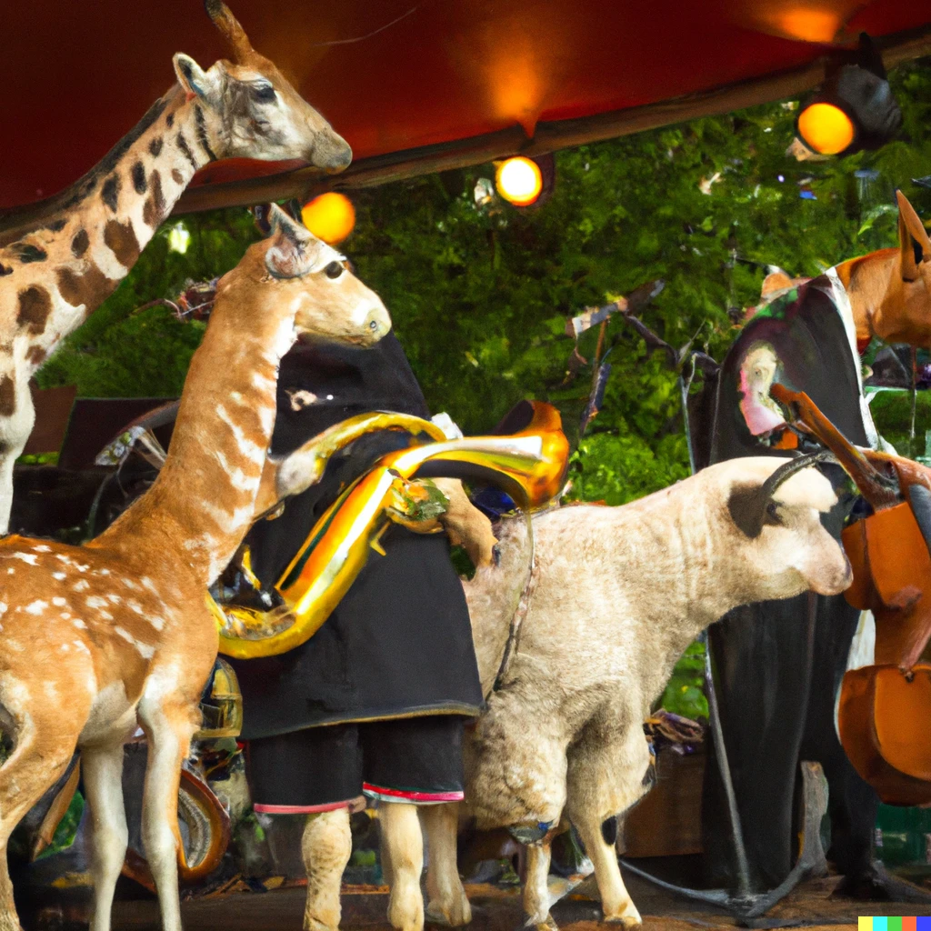 Prompt: A group of assorted farm animals playing in a jazz quintet at an outdoor concert