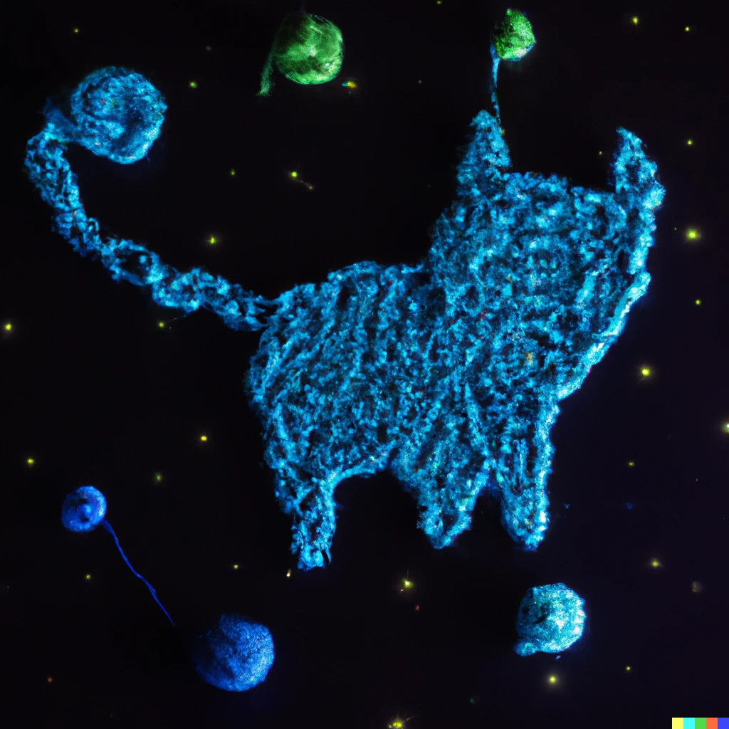 Prompt: galaxy made of yarn constellations in shape of cat