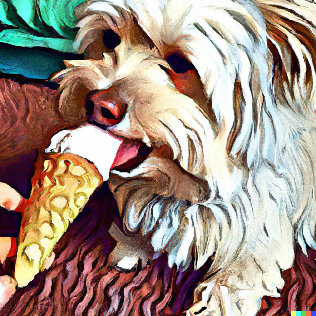 Prompt: Dog eating ice cream cone on a Persian rug digital art