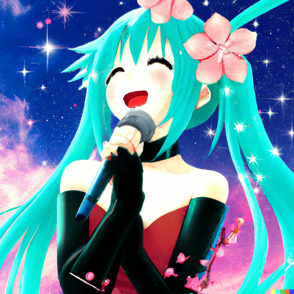 Prompt: hatsune miku singing for the universe and the stars are like sakura cherry blossoms;anime style;digital art