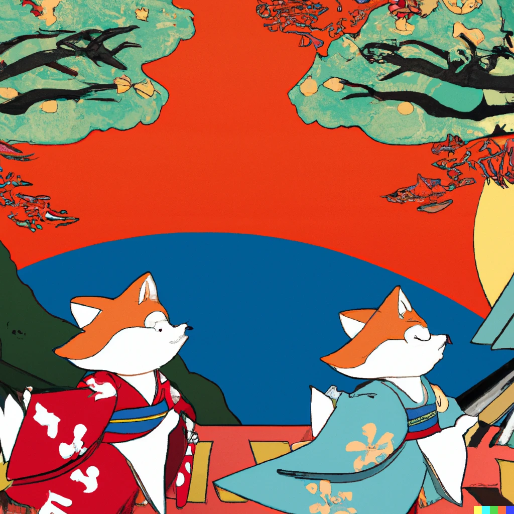 Prompt: A Japanese landscape in the style of Koitsu with foxes wearing kimono 