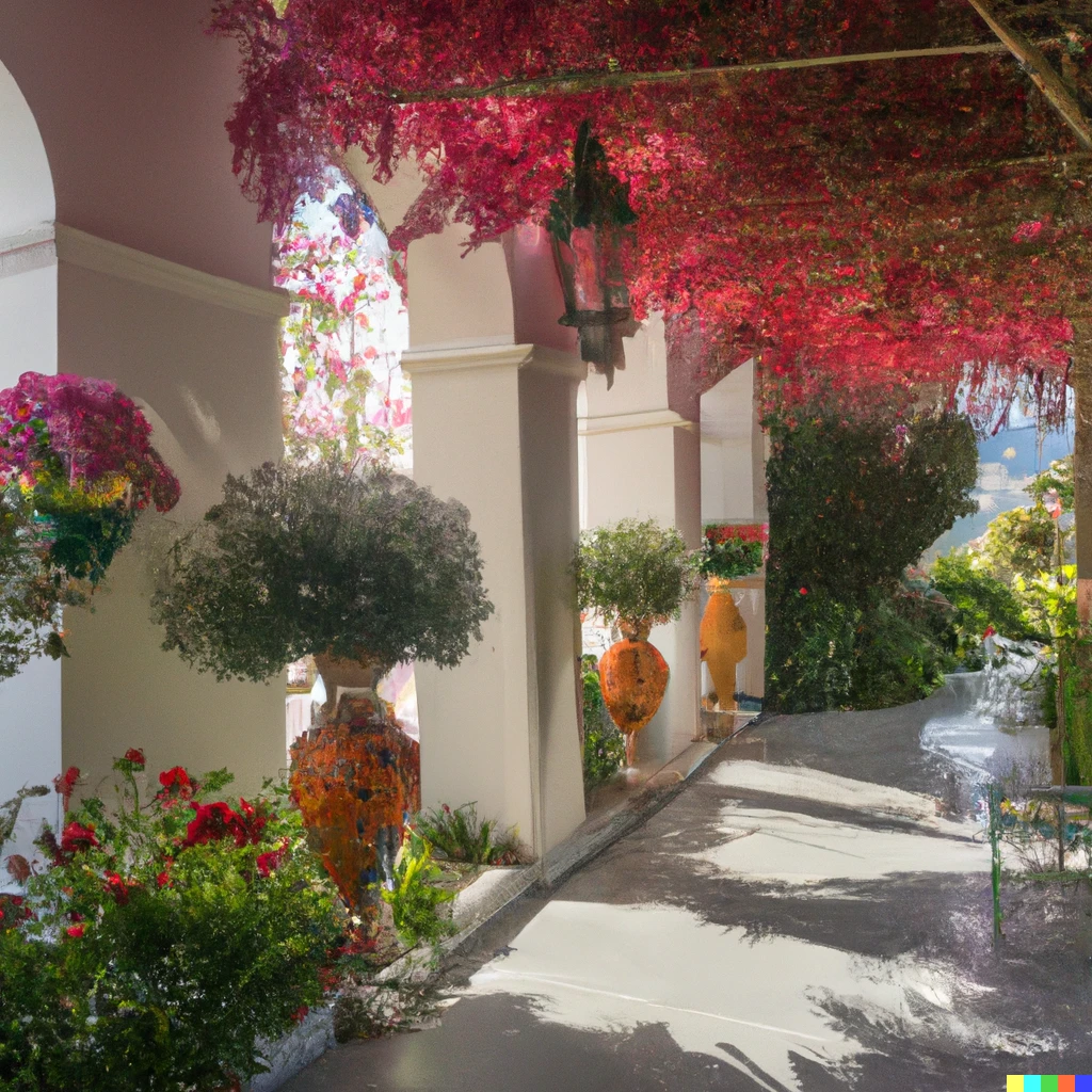 Prompt: A nice patio with lots of beautiful flowers in Capri 