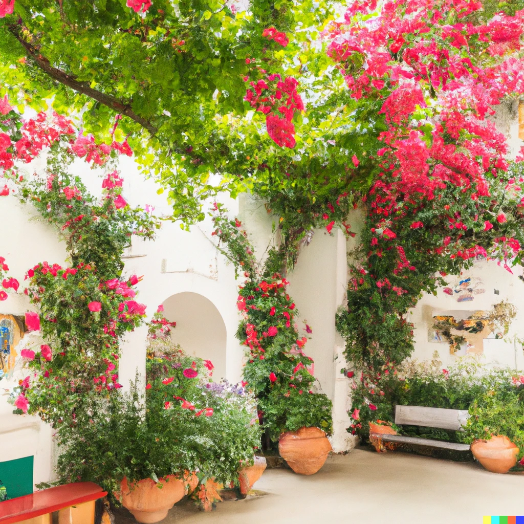 Prompt: A nice patio with lots of beautiful flowers in Capri 