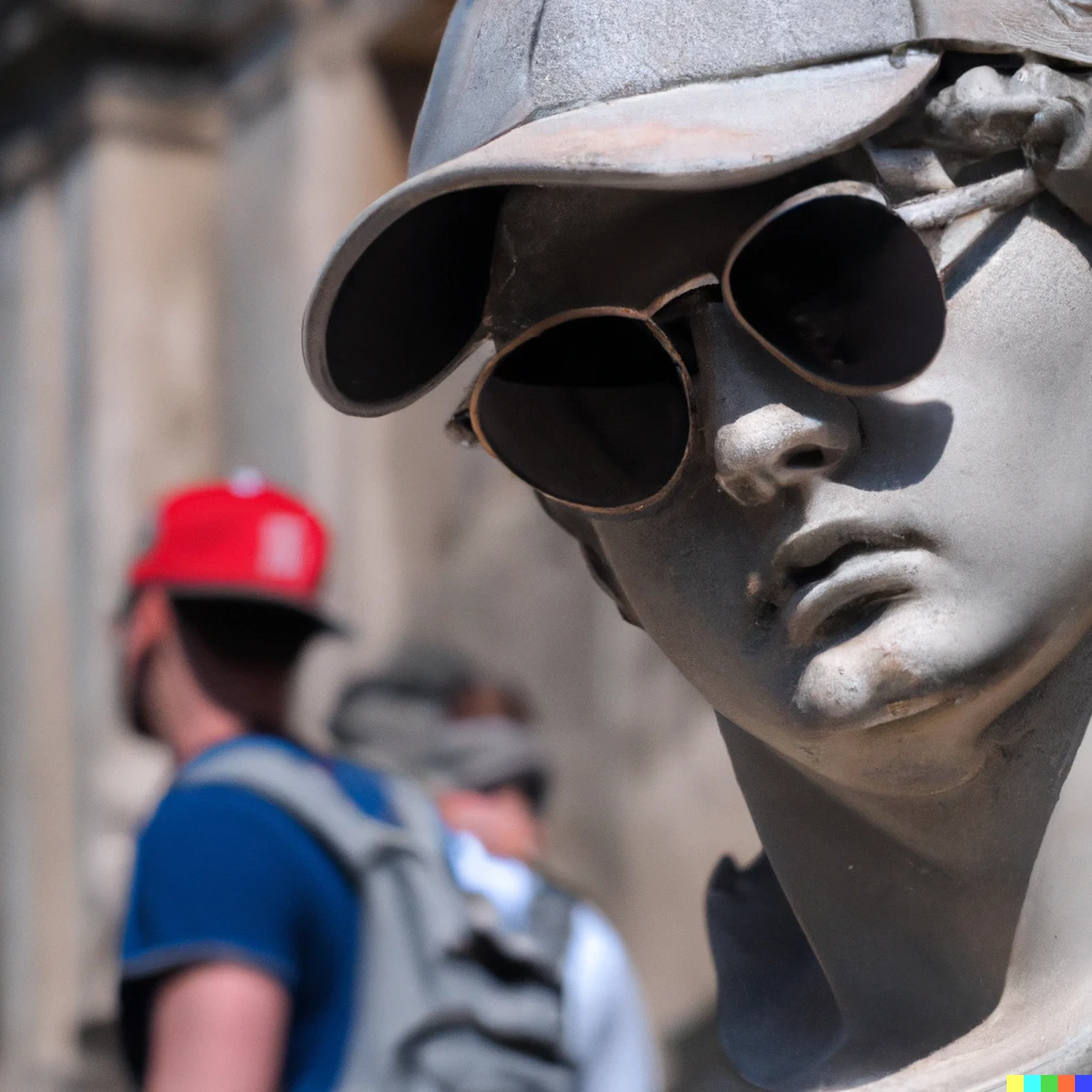 Prompt: roman Statue with sunglasses and basballcap hyperrealistic in stone with tourists in the backround