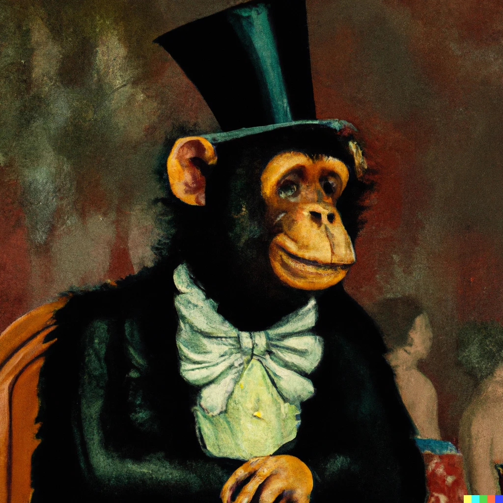 Prompt: a monkey with a top hat and monocle in the audience of an opera, in the style of a famous oil painter