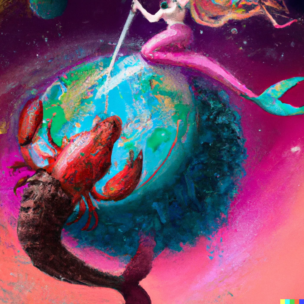 Prompt: A mermaid with a lobster tail fighting a giant pink starfish with fangs that is wrapped around the planet earth in space, digital art