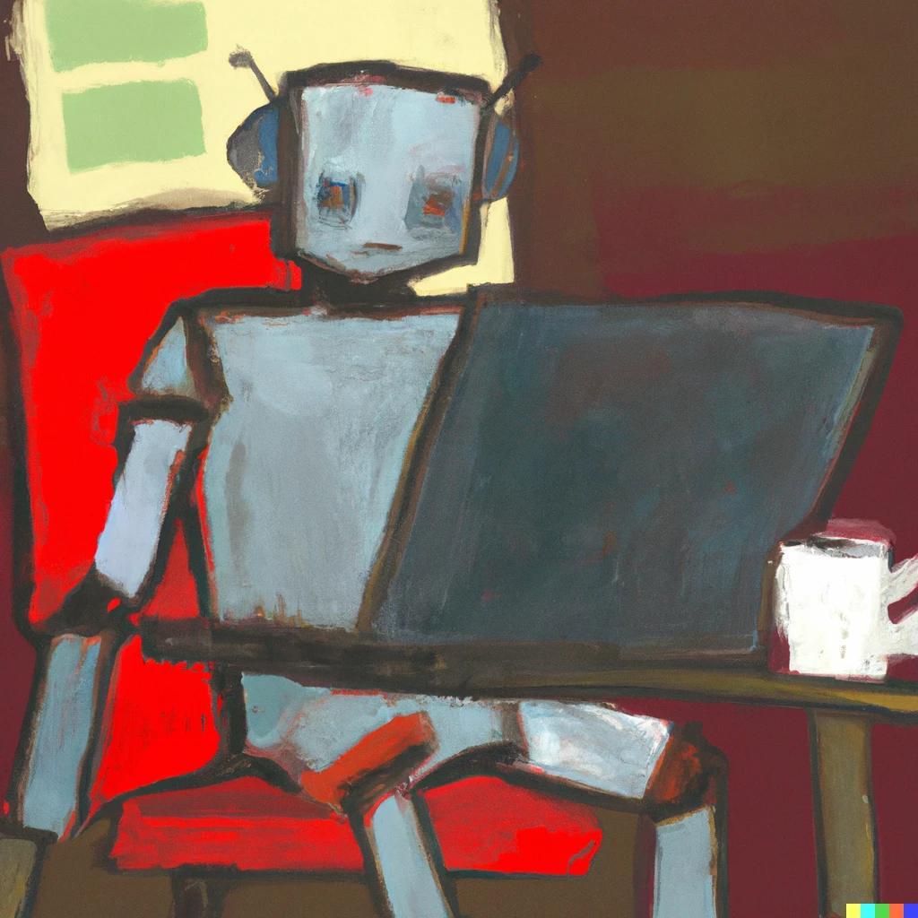 Prompt: A painting of a robot sitting at a computer in the style of Jorge Cocco. 