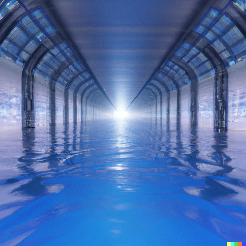 Prompt: A cybernetic corridor with windows to the middle of the Ocean 