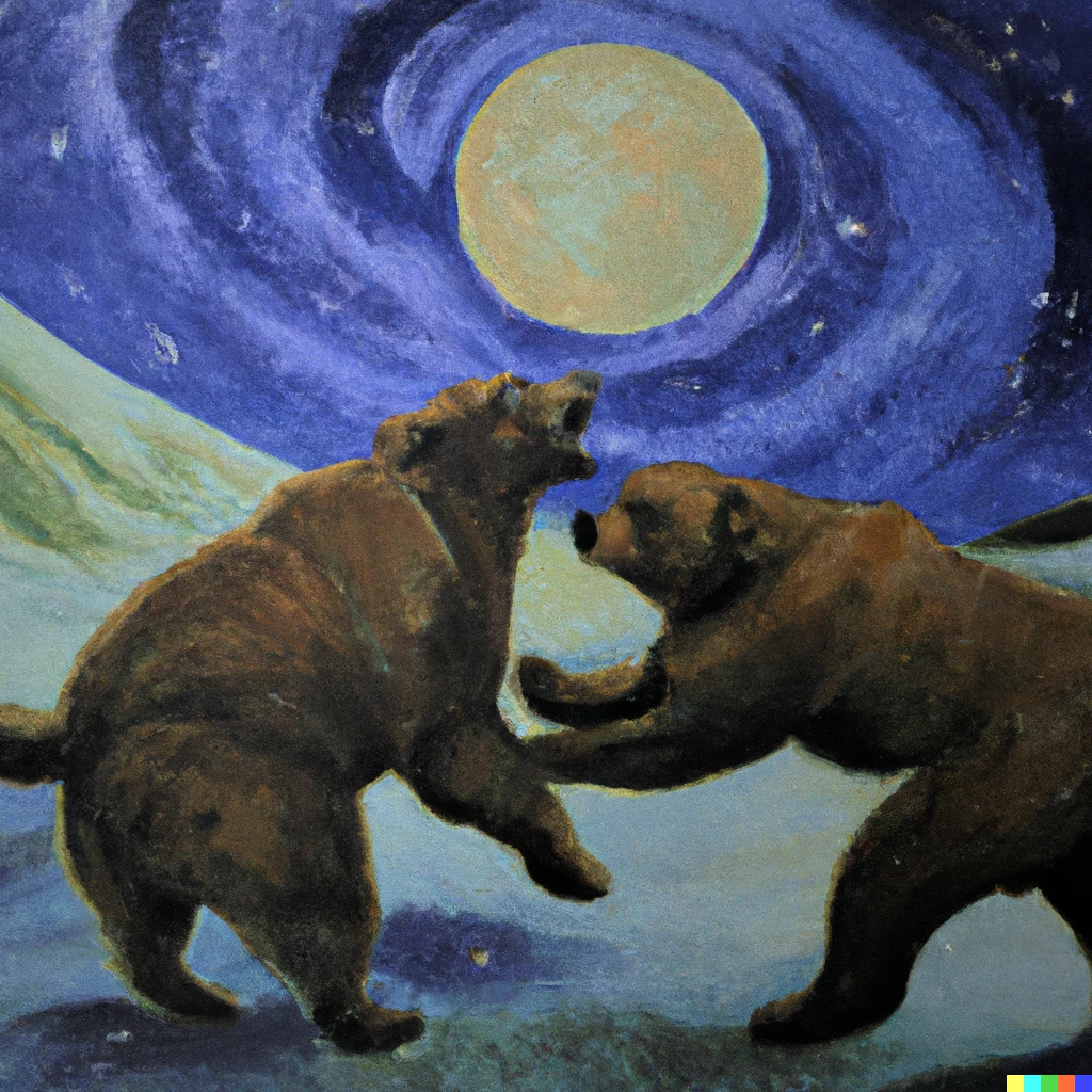 Prompt: Van gogh style painting of fighting bears in the space with the moon in the background