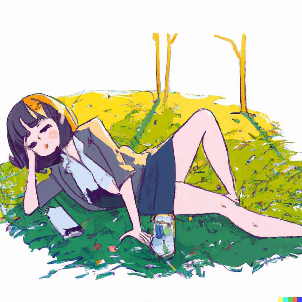 Prompt: Office worker in suit lying drunk on park grass,cute girl,young face, crushed beer can, long skirt, sunset,pixiv,kawaii