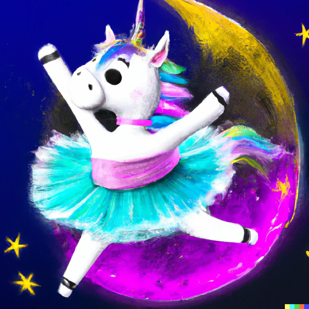 Prompt: A futuristic rainbow unicorn  wearing a tutu and dancing on the moon 