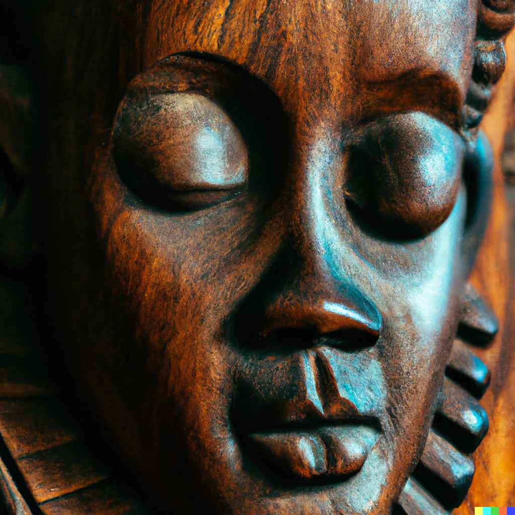 Prompt: an aged wood carving of a peaceful female face with eyes closed and a bindi on her forehead | 333