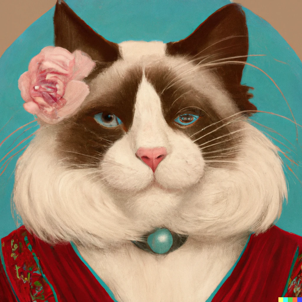 Prompt: Self-portrait of Frida Kahlo as a ragdoll cat