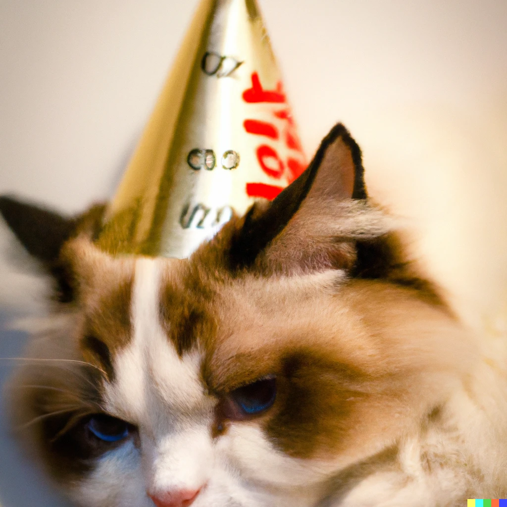 Prompt: Photo of a sad ragdoll cat wearing a party hat in the style of Miles Aldridge