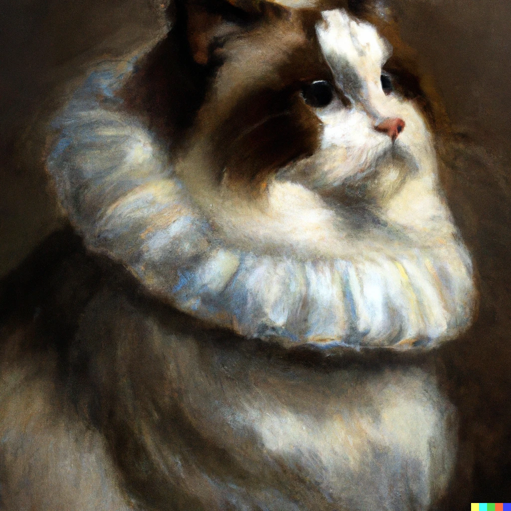 Prompt: An oil portrait by Rembrandt of a ragdoll cat wearing a large ruff collar
