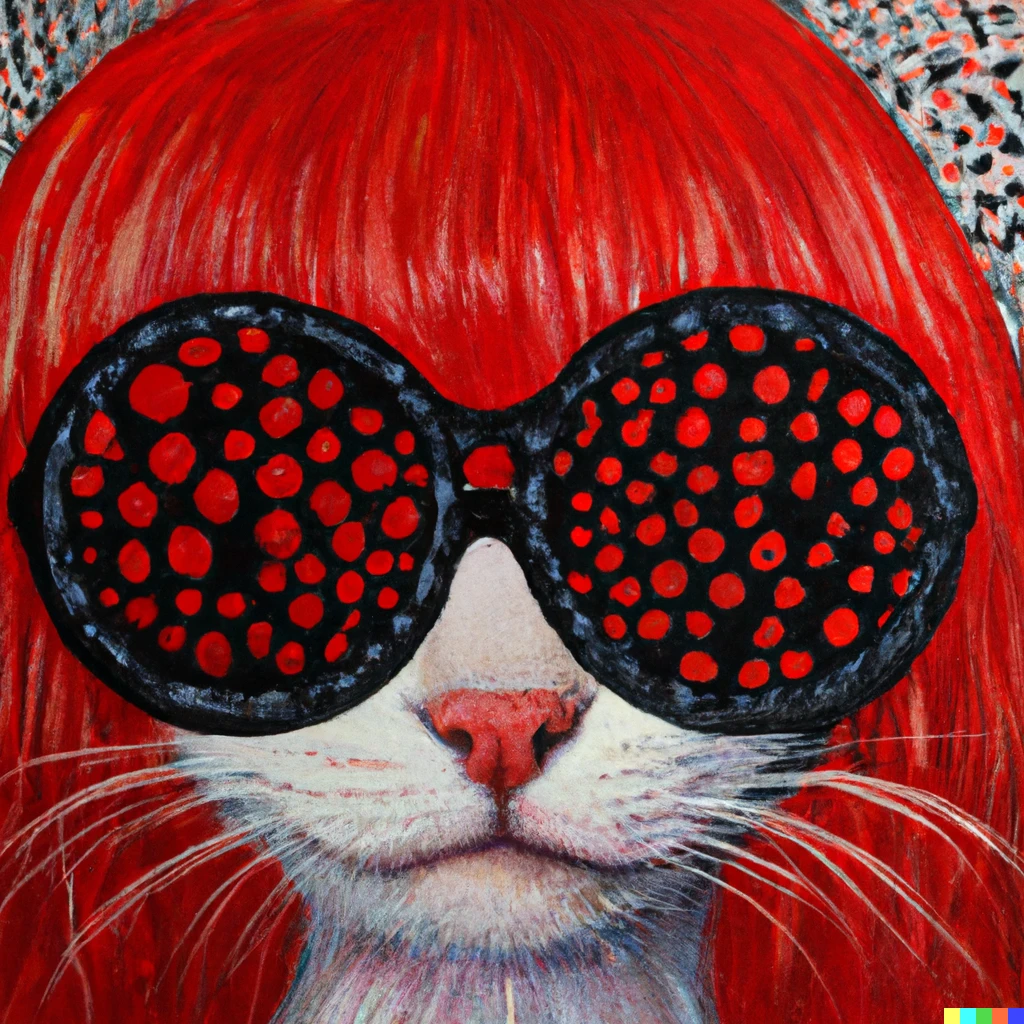 Prompt: An oil portrait of a ragdoll cat wearing a bright red wig in a bob cut with bangs and Lennon style sunglasses, painted by Yayoi Kusama; trypophobia