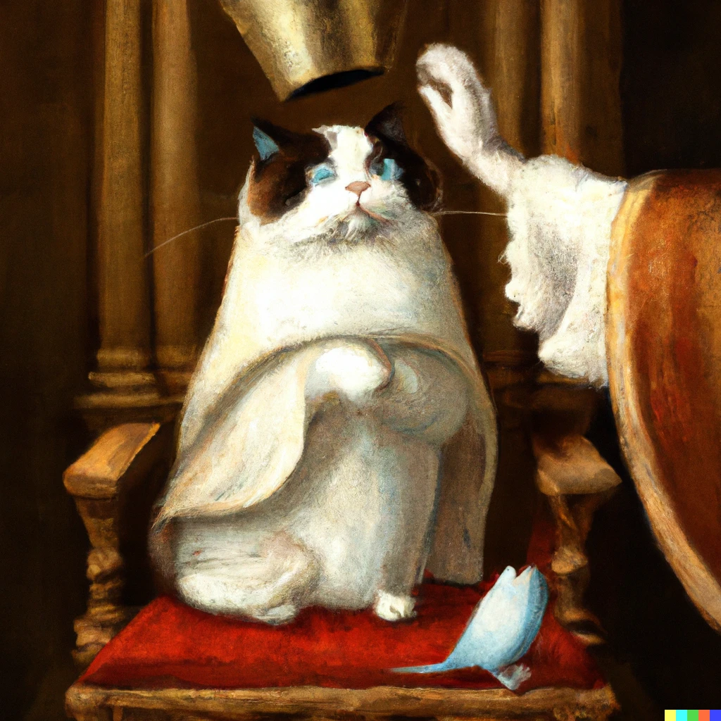 Prompt: A ragdoll cat being anointed as Pope, painted by Hieronymus Bosch