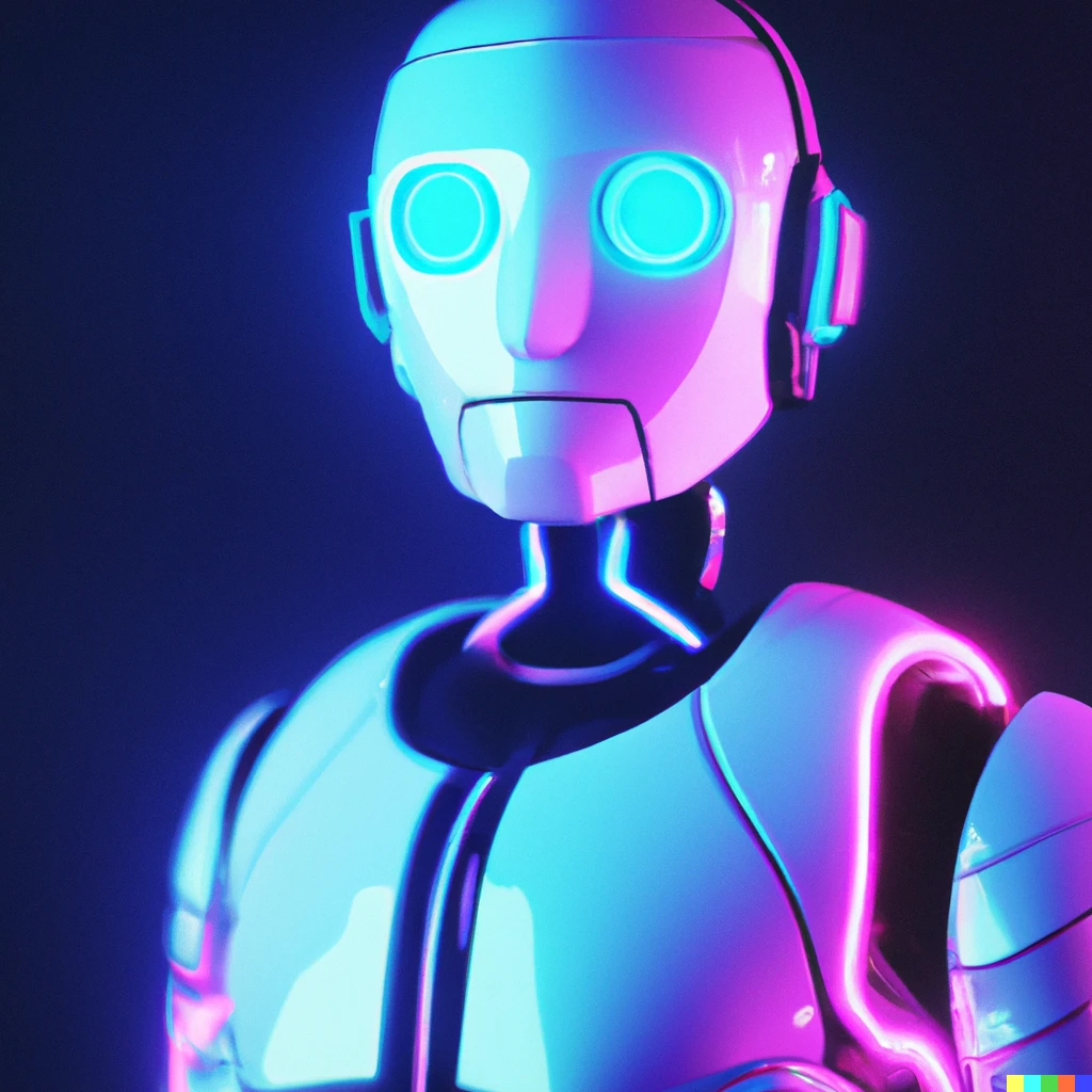 3D render of a humanoid robot in a synthwave neon lit | DALL·E 2 | OpenArt