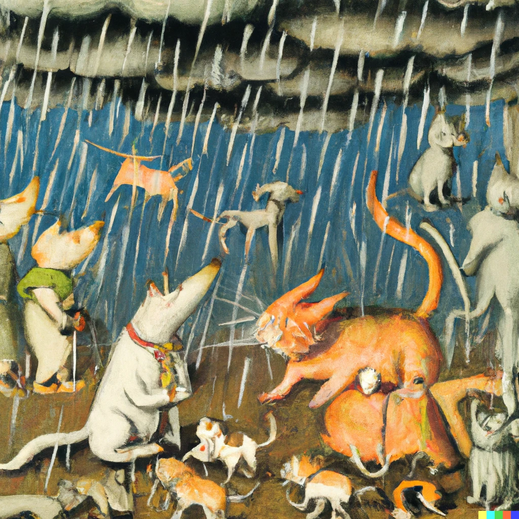 Prompt: "It's raining cats and dogs" by Hieronymus Bosch