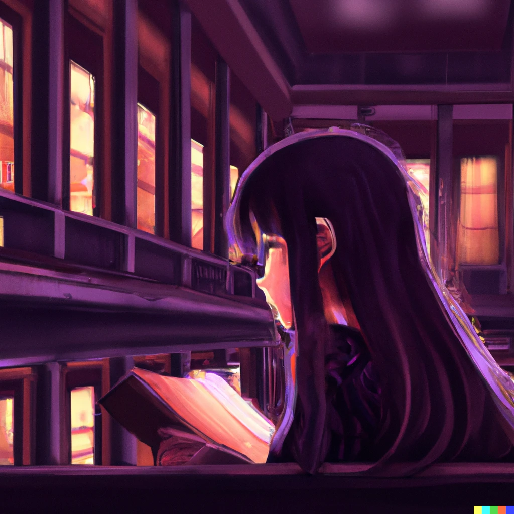 Prompt: A university girl reading a book in The University of Tokyo Library in the dark night, digital art