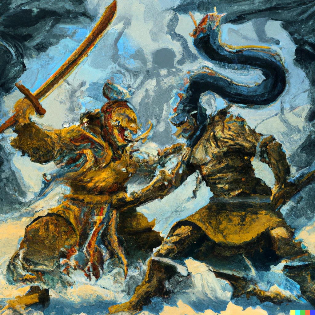 Prompt: painting of a hero fighting a demon lord