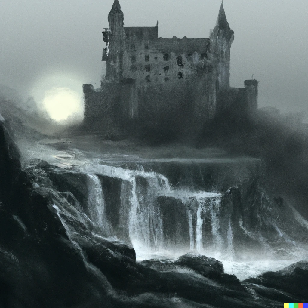 Prompt: gloomy castle in a dark ravine