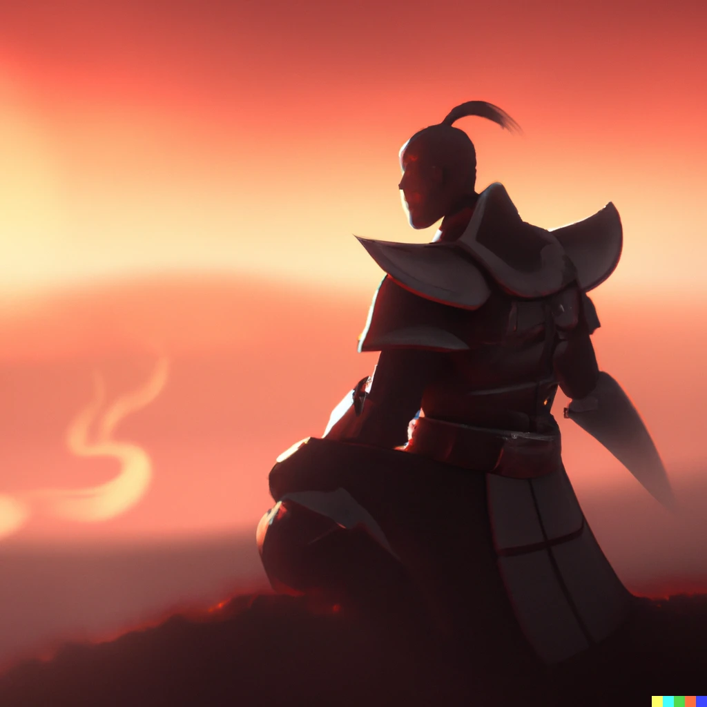 Prompt: a knight in armor contemplates a strange sunrise that he guesses is the flame of the Beast | 690