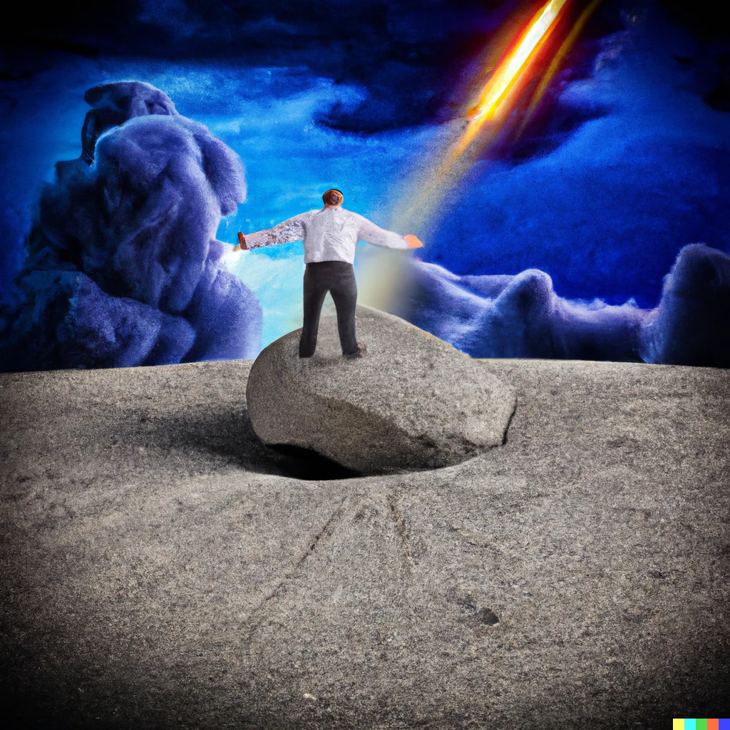 Prompt: Man standing on asteroid just before impact of missle