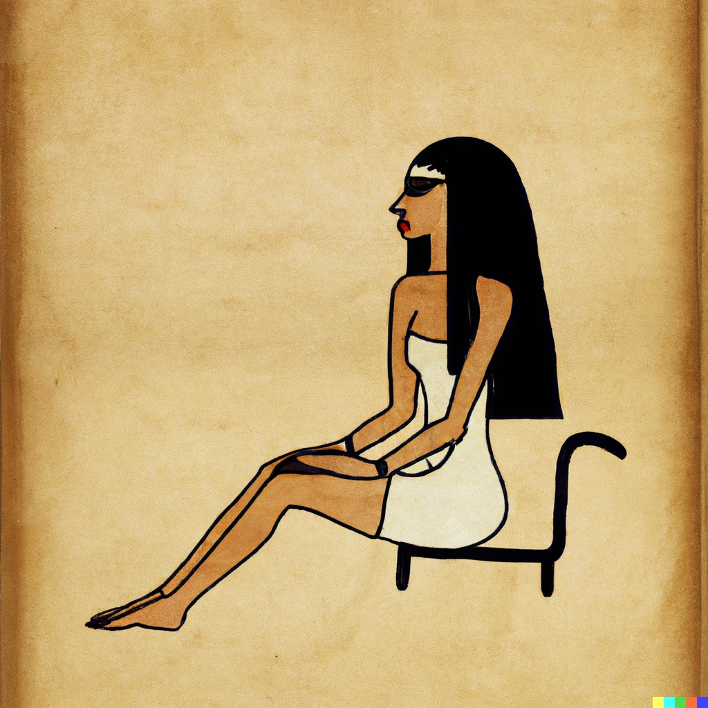Prompt: An ancient Egyptian painting depicting a white hair woman wearing a black one piece sitting seductively