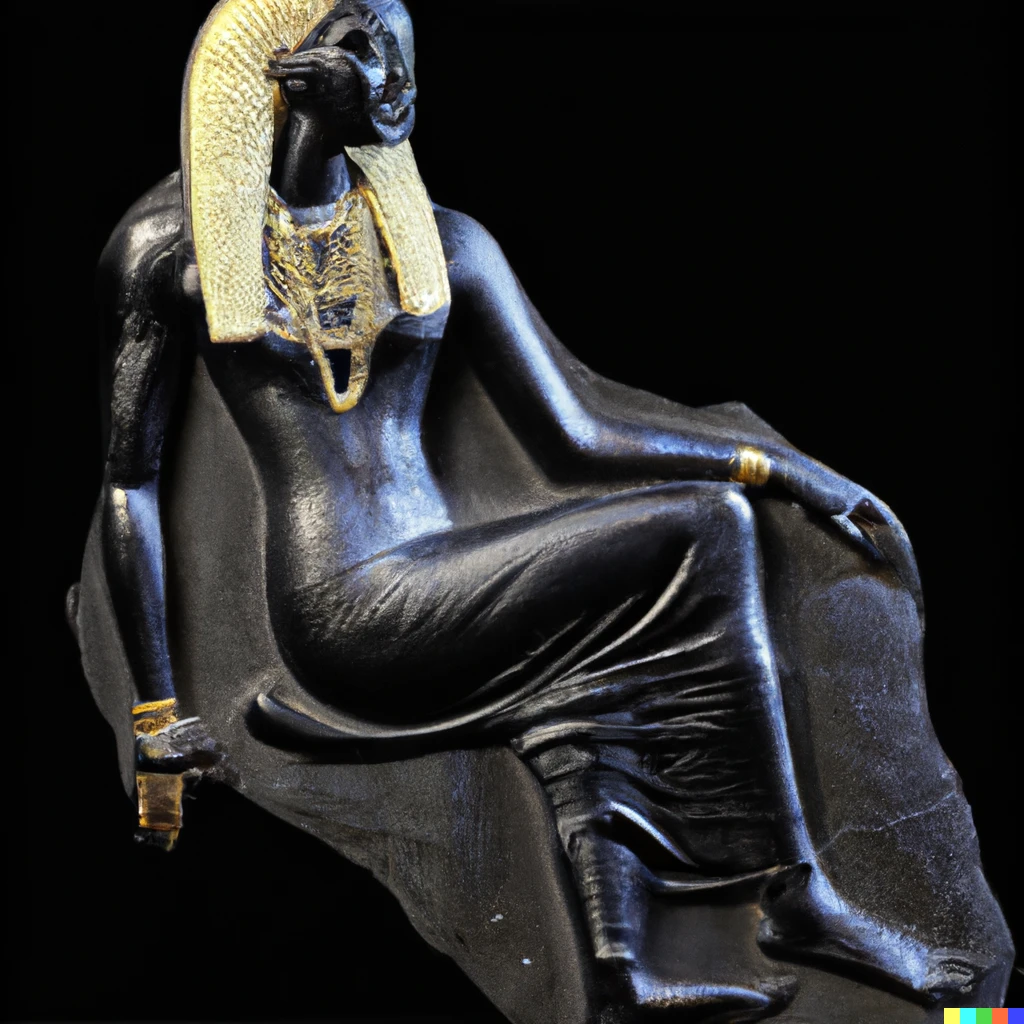 Prompt: painted sunken relief of a woman with white-hair and wearing a black dress. She has yellow-glowing-sparkling gems for eyes. Seductively sitting. Ancient Egyptian. Very detailed. 8K. Award-winning.