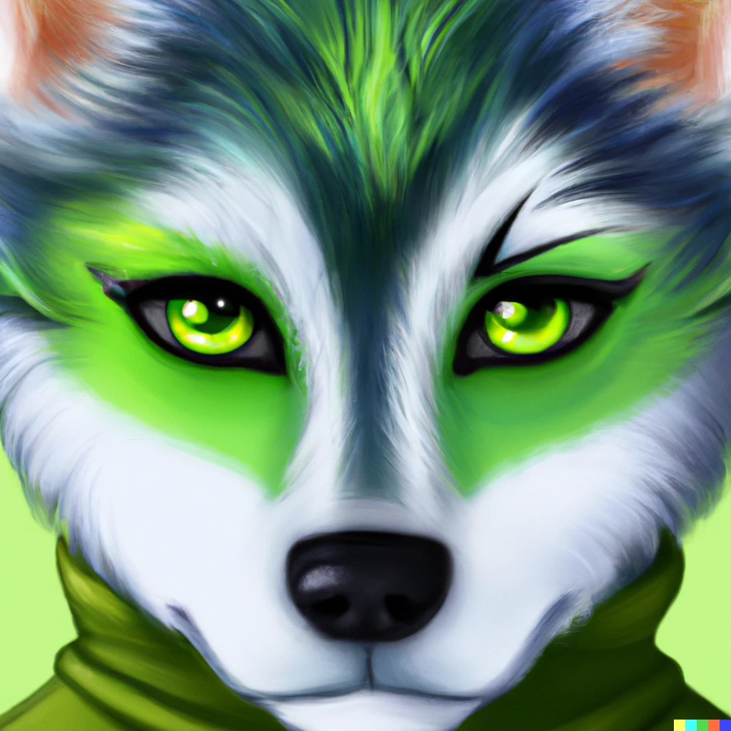 Prompt: Close up view of siberian husky fursuit with green hair and green eye, digital art, cute