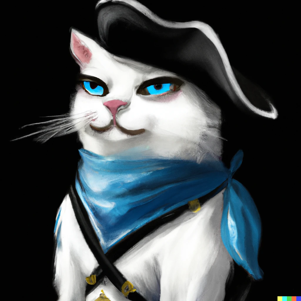 Prompt: Digital art of a cute white cat with blue eyes dressed like a musketeer and wearing a black bandana in the neck and a huge black hat, happy face, profile picture, trending in artstation, award winning 