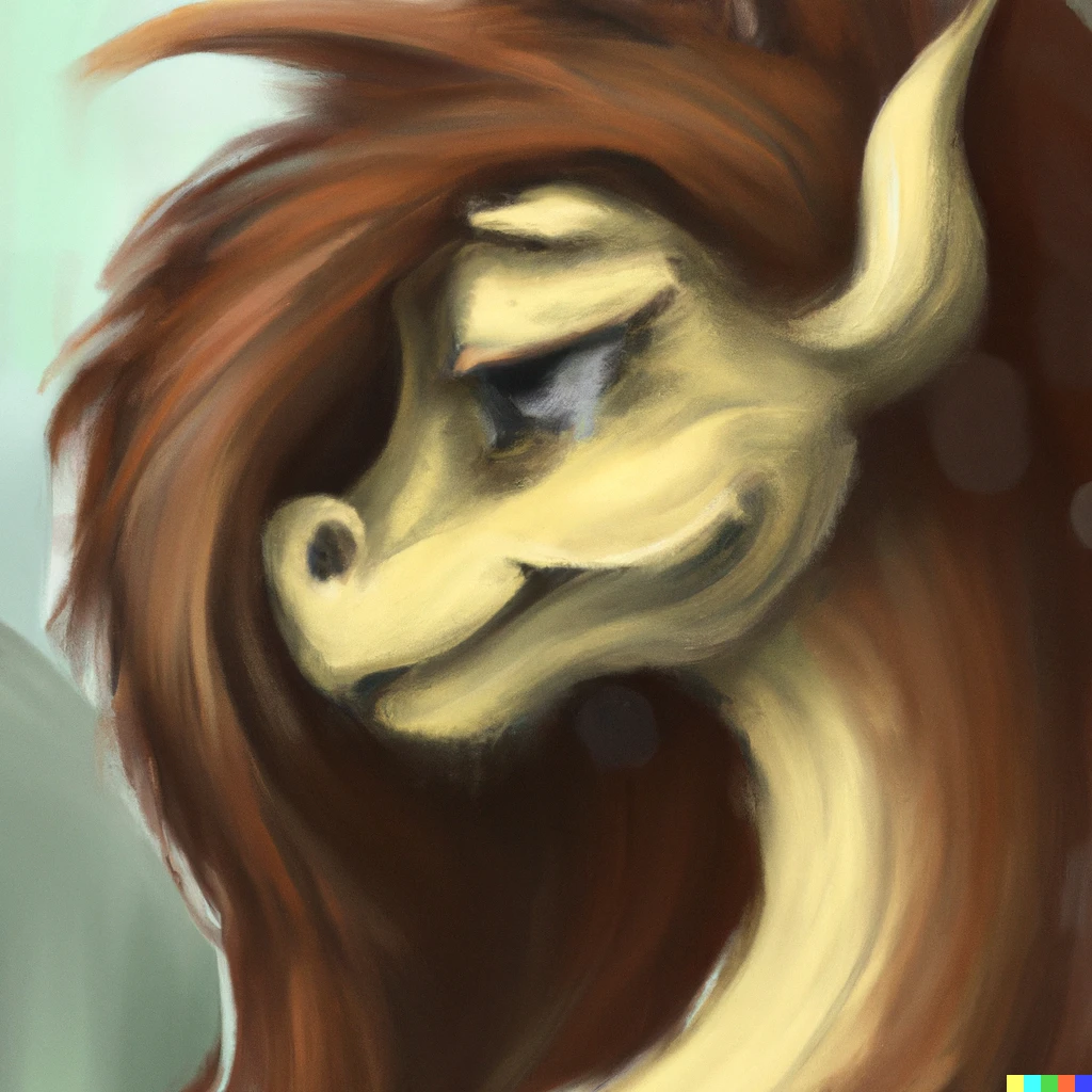Prompt: An Oil painting of a female dragon with brown hair in a messy ponytail, she is giving a tired smile, digital art, trending in furaffinity