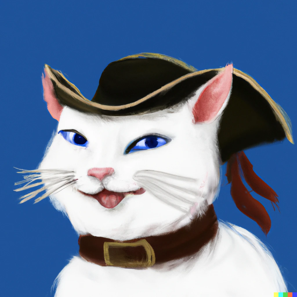 Prompt: Digital art of a cute white cat with blue eyes dressed like a musketeer, happy face, profile picture
