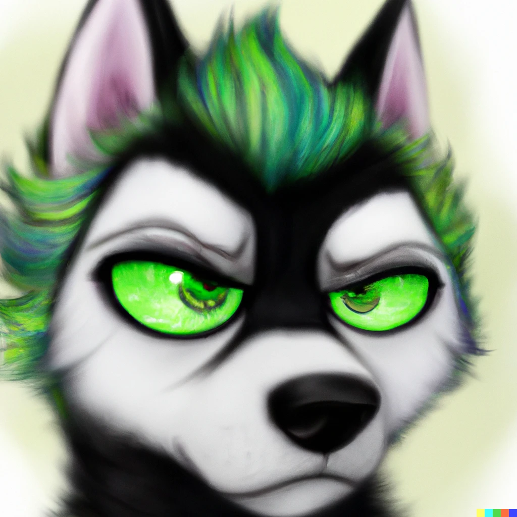 Prompt: Close up view of siberian husky fursuit with green hair and green eye, digital art, cute