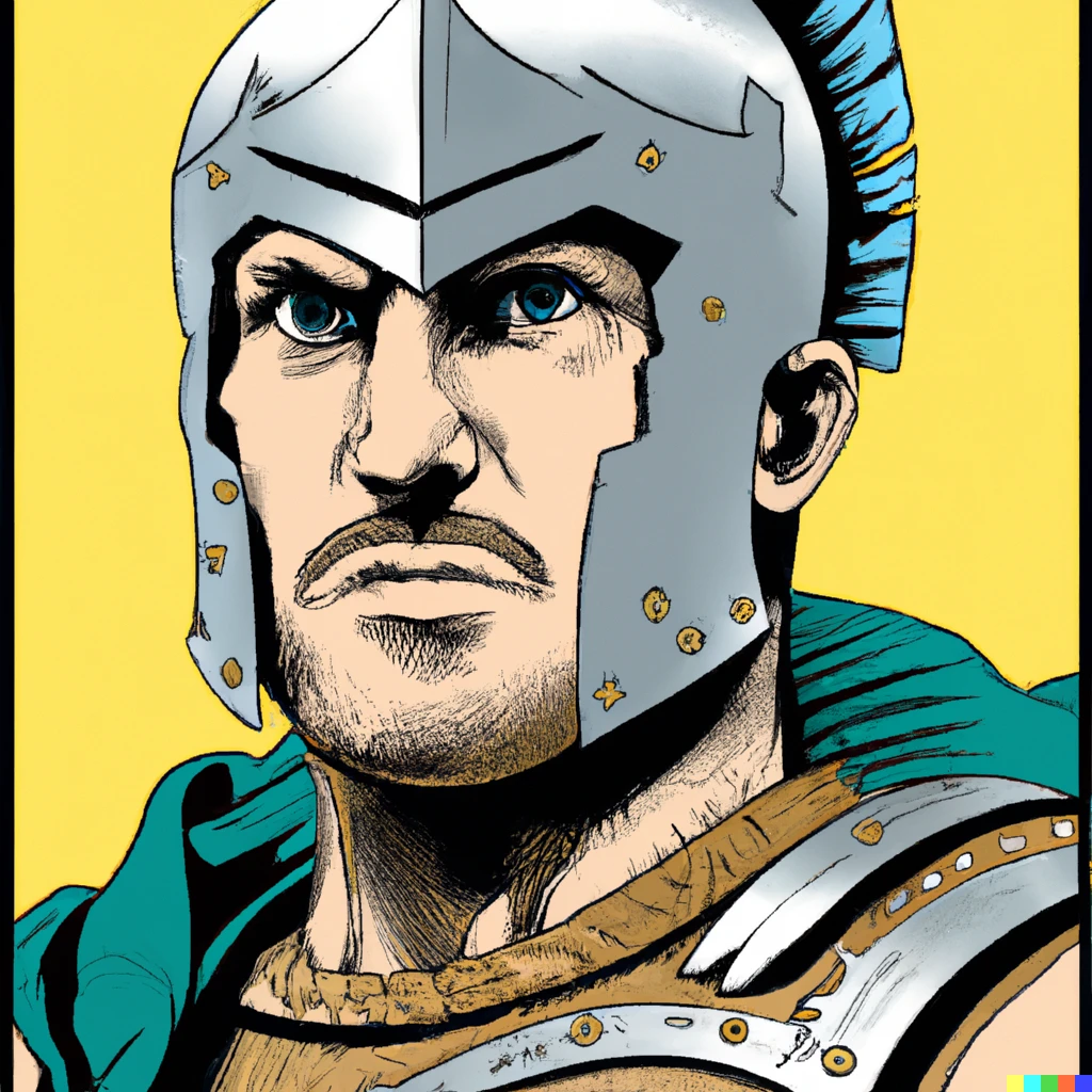 Prompt: A comic book cover of the portrait of a Spartan hoplite