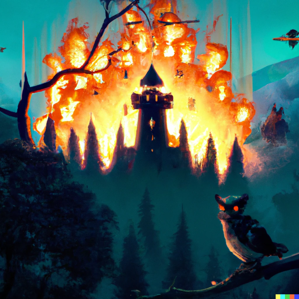 Prompt: A castle guarded by soldiers carrying sticks burning with fire Between and around the mountains a dark forest and an owl above the tree at night, fantasy style