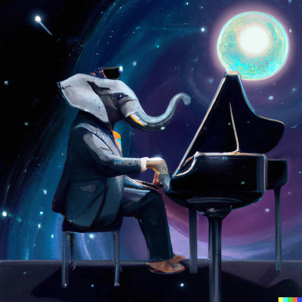 Prompt: An elephant wearing wearing sunglasses and a tuxedo and playing piano in space, digital art