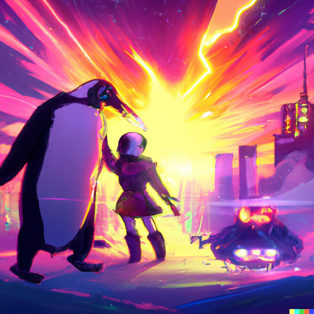 Prompt: Penguin policeman cyborg cyberpunk saving a girl from Nakatomi Plaza in flames. Night sky. Digital art.