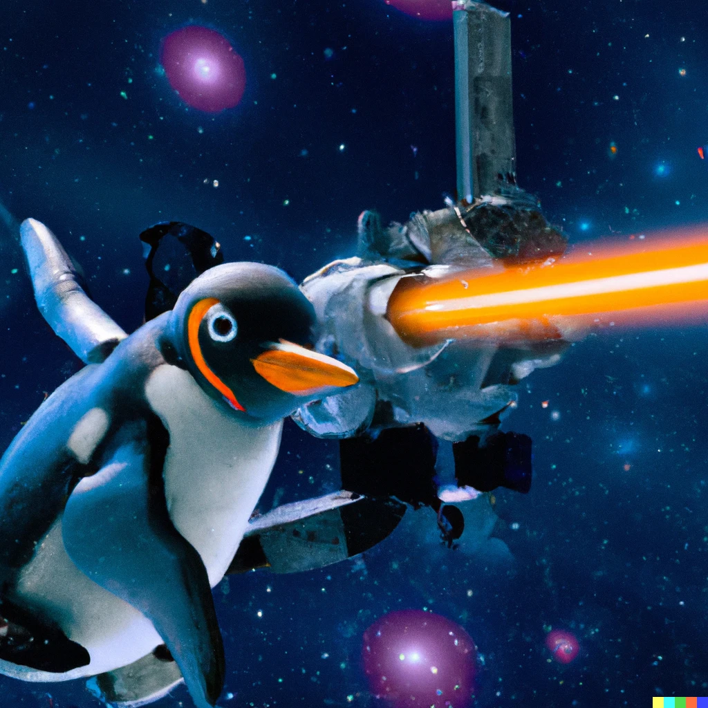 Prompt: A penguin astronaut fighting in the space with his penguin-made spacecraft. Laser weapons. Digital art.